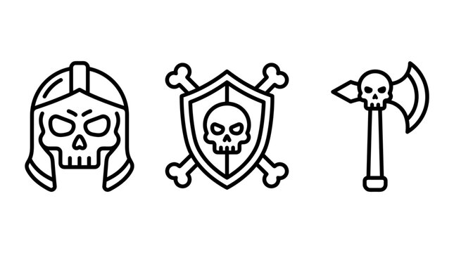 Gladiator helmet skull shield with crossbones and skull axe line art icons set gladiator crossbones illustration collection halloween historic protection