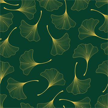 Seamless Ginkgo Leaf Pattern Gold Line Art on Emerald Green Background