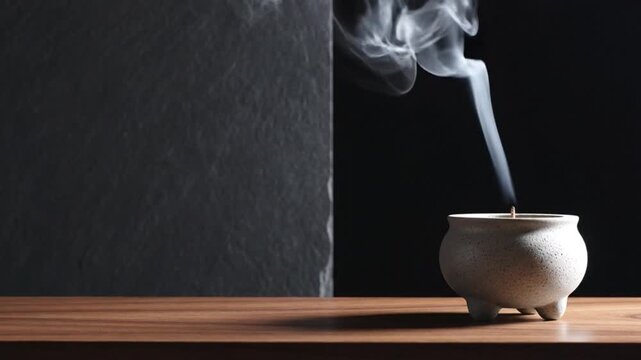 Slender ribbon of white incense smoke rising from ceramic incense burner on wooden surface