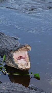 Large American alligator floating in river water with mouth wide open showing teeth