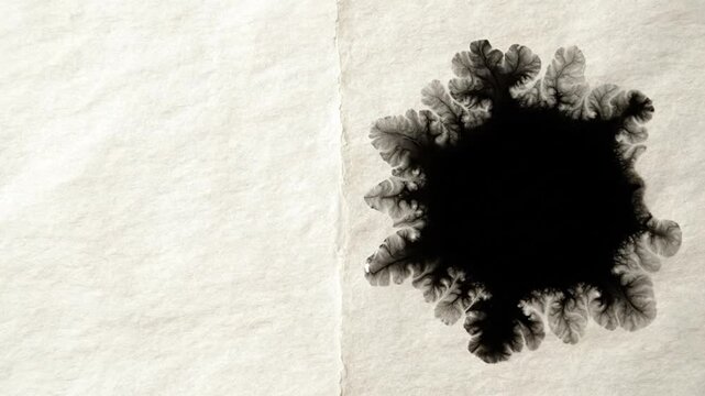 Black sumi ink drop bleeding and spreading outward through fibers of textured Japanese washi paper