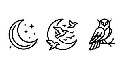 Fototapeta premium Set of line art halloween icons featuring a crescent moon with stars a moon with flying birds an owl perched on a branch halloween illustration creature mystical traditional celebration