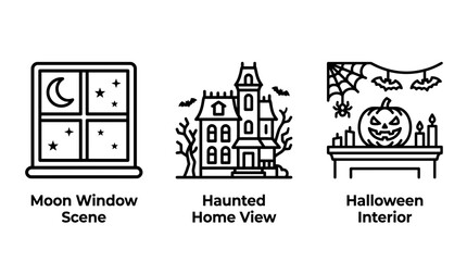 Obraz premium Halloween outline icon set showing moon window view haunted mansion house and interior mantelpiece with interior halloween mantelpiece architecture building celebration traditional minimalist