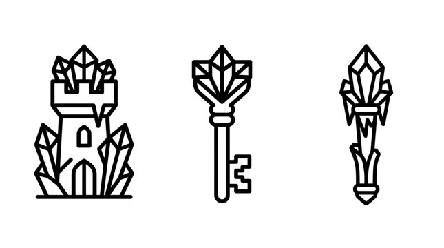Crystal castle and magical key vector line icon collection featuring gemstone towers fantasy crystal keys mystic artifacts gemstone artifact historic architecture building illustration treasure