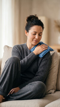 Retrato comercial de alta resoluci&oacute;n de un adulto en ropa de descanso c&oacute;moda relaj&aacute;ndose en casa, aplicando suavemente una bolsa de hielo en gel sobre un hombro adolorido