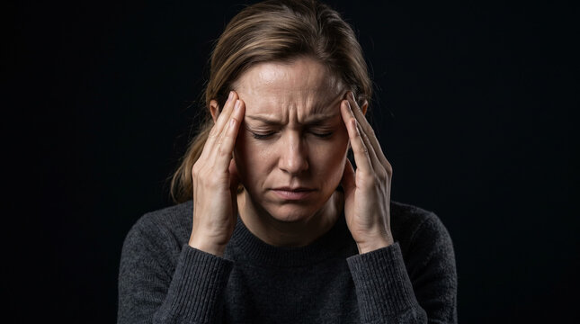 Retrato comercial de alta resoluci&oacute;n enfocado estrechamente en un adulto experimentando un dolor de cabeza tensional severo o migra&ntilde;a