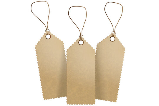 Vintage blank paper price tags with strings and scalloped edges, isolated on a transparent background. Rustic labels for packaging, handmade products, gifts, sales, retail and branding.