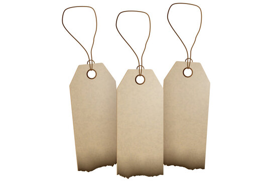 Vintage blank paper price tags with strings and torn edges, isolated on a transparent background. Rustic labels for packaging, handmade products, gifts, sales, retail and branding.