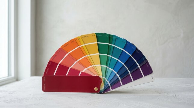 A vibrant fan-shaped color swatch guide with a wide spectrum of paint samples arranged in a gradient on a textured white surface background