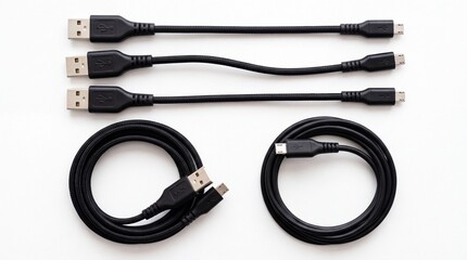 Fototapeta premium Braided black micro usb charging cables arranged in straight rows and circular coils for digital connectivity shown on white background