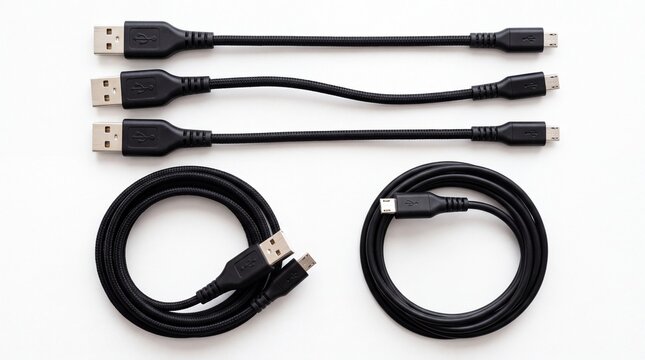 Braided black micro usb charging cables arranged in straight rows and circular coils for digital connectivity shown on white background