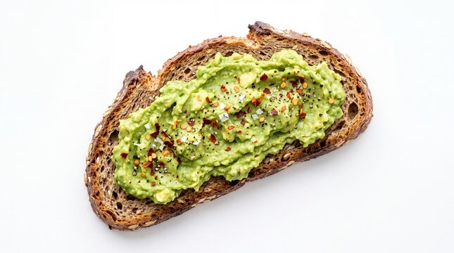 Smashed avocado on toasted sourdough bread garnished with crushed red pepper flakes and sea salt captured clearly on white background