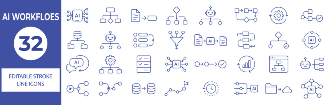 32 AI Workflow Vector Outline Icons Set &ndash; Artificial Intelligence, Automation, Process Management, Workflow and Business Process Line Symbols Collection