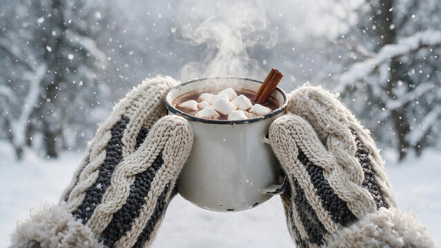 Close-up of hands in warm knitted mittens holding a steaming enamel mug of hot chocolate with marshmallows and cinnamon in a snowy winter forest.