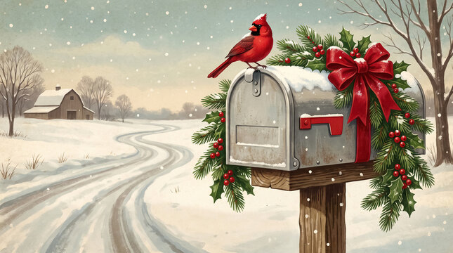 Vintage illustration of a red cardinal perched on a Christmas-decorated mailbox in a snowy winter countryside landscape.