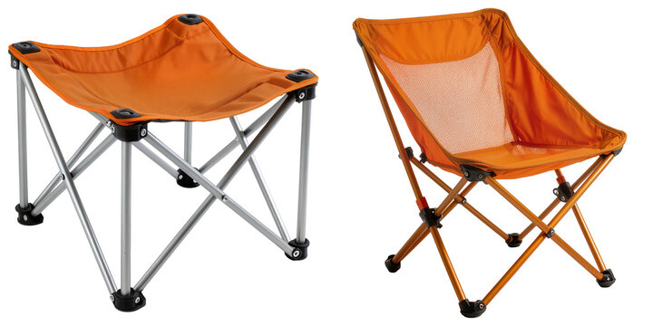 Two orange camping chairs, one stool and one chair, isolated on a white background