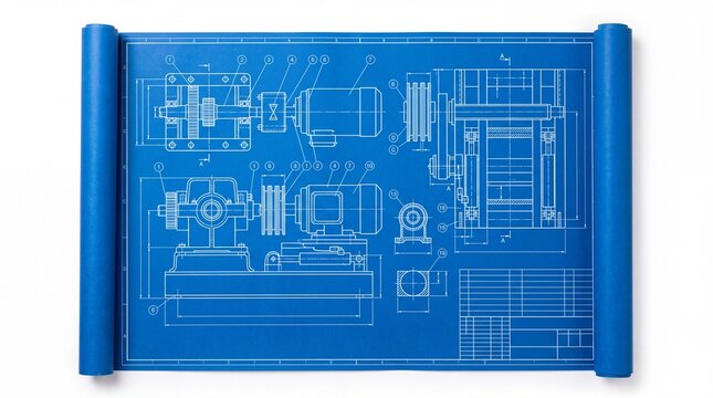 Mechanical engineering blueprint showing complex industrial machinery components drafted in white lines on vivid blue paper displayed flat on white background