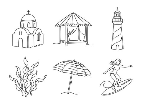 Ocean object set, Santorini church, lighthouse, cabana, surfer, one line drawing, minimalist vector