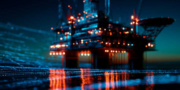 A detailed representation of an advanced oil rig is shown, illuminated by lights and enveloped in digital data patterns, emphasizing innovation in offshore energy production