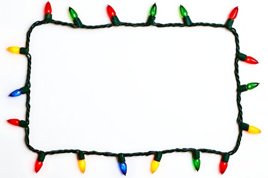 A rectangular frame made of colorful christmas string lights isolated on white background