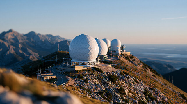 Overhead aerial shot focusing on a cluster of large white satellite communications domes and radar arrays on a rocky mountain ridge. Surrounding service roads and fortified concret