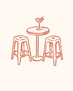 Bar Table with Stools and Cocktail Vector Line Art Illustration

