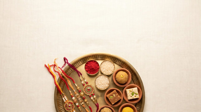 Traditional Raksha Bandhan Celebration with Colorful Rakhis, Rice, Kumkum and Indian Sweets