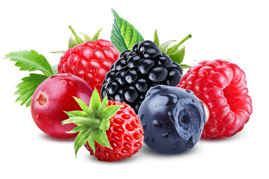 Compact mix of strawberries, raspberries, blackberries, blueberries and cranberries overlapping with green leaves isolated on transparent background.