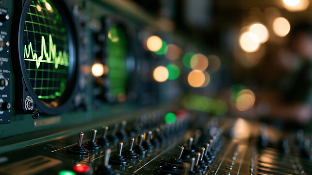 Close-up photograph of vintage analogue cathode-ray tube radar scopes and toggle switches mounted on a dark green military console. The scope glows with a soft green grid pattern i