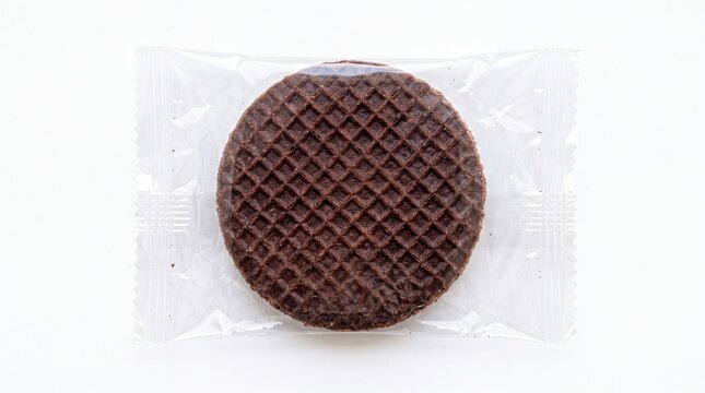 Round dark chocolate waffle cookie inside transparent plastic packaging captured from top view position isolated on white background