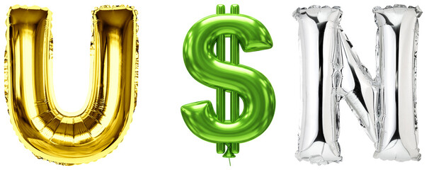 Shiny gold letter U, green dollar sign, and silver letter N foil balloons photographed on a transparent background. © NamCam