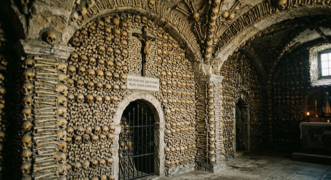 Capela dos Ossos Interior Covered in Human Skulls and Bones in &Eacute;vora Portugal