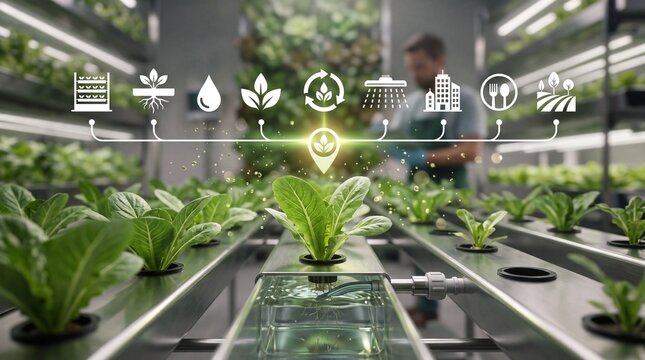 Smart hydroponic farming technology with digital interface with lettuce plants growing tech hydroponic system