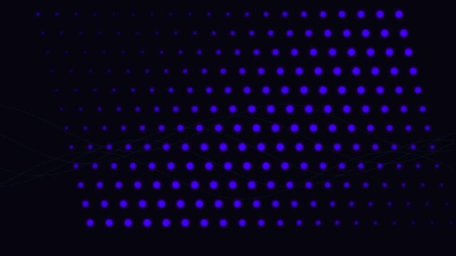Abstract purple glowing dot matrix grid with undulating white wave lines on black background creating futuristic digital motion graphic for tech presentations.