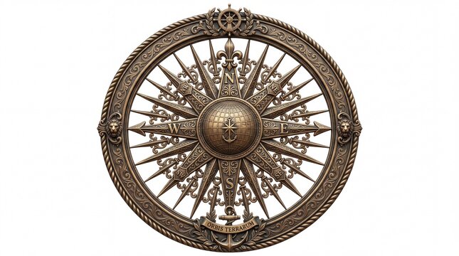 Antique bronze nautical compass rose with intricate ornamental carvings featuring a central globe and directional markings displayed isolated on white background