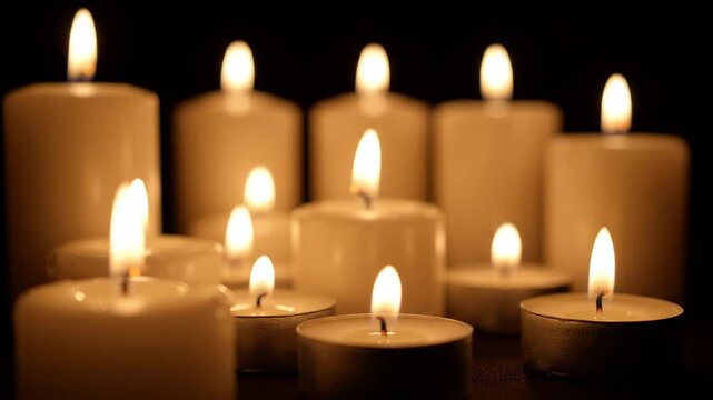 Multiple white candles burn with warm, flickering flames against a dark background, creating a peaceful and serene ambiance.