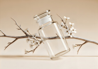 Obraz premium Empty glass jar with lid on a flowering branch, natural product mockup