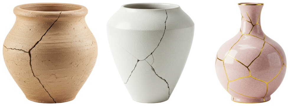 Three cracked ceramic vases, one terracotta, one white, and one pink with gold kintsugi repair, isolated on white background.