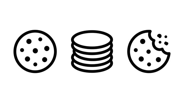 Cookie icon set outline art featuring whole cookie stack of cookies and bitten cookie chocolate chip illustration minimalist collection delicious homemade snacking nutrition