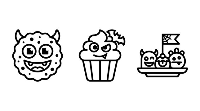 Halloween monster sweet food icon set featuring cookie cupcake and treats outline style halloween expression minimalist isolated frosting