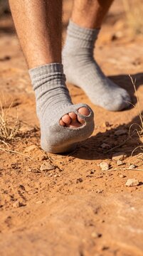 Foot with torn sock walking on rocky dirt surface, sock with a hole in it  