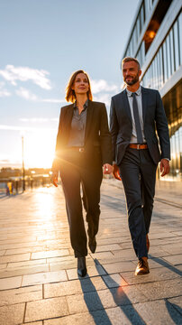 Ambitious professionals walk towards a bright future