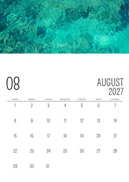 August 2027 English Calendar with Turquoise Tropical Water