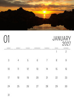 January 2027 English Calendar with Sunset Mountain Landscape