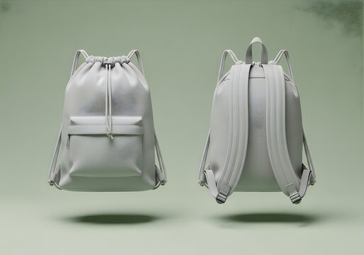 Front and back view of a grey drawstring backpack floating against a green background