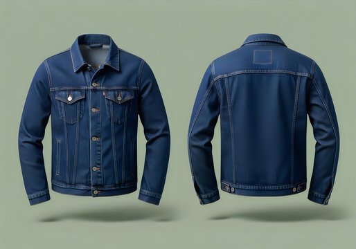 Front and back view of a classic blue denim jacket isolated on a soft green background
