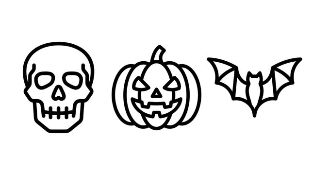 Set of halloween outline icons featuring a human skull a carved jack-o-lantern pumpkin a flying bat halloween skeleton jackolantern collection minimalist illustration mystical creature
