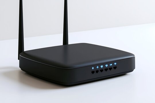 Black wireless router back panel with ethernet ports isolated on white background