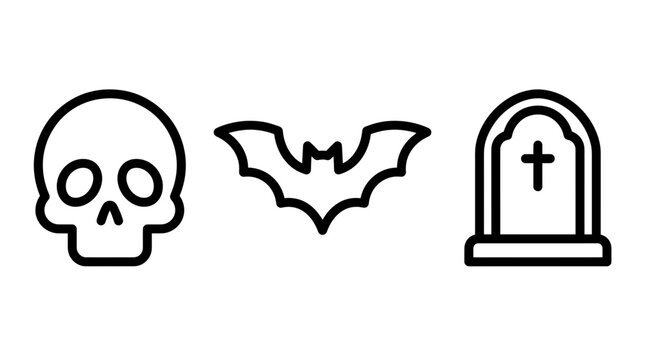 Halloween skull bat and tombstone grave line art icons vector illustration with tombstone halloween illustration skeleton cemetery graveyard monochrome seasonal memorial collection tradition