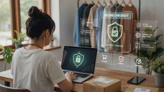 Person working on a laptop at a desk with a holographic secure checkout interface displaying payment verification and transaction security